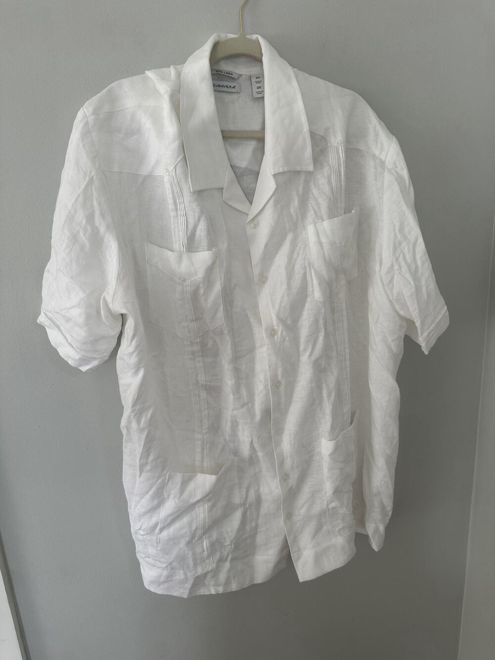 Cubavera Mens Button Front Shirt 2XL White Linen Short Sleeve Casual